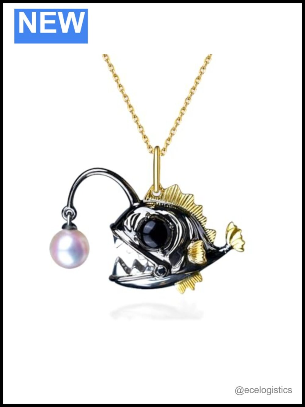 Freshwater Pearl Angler Fish Pendant Choker Necklace 18K Black Gold Plated